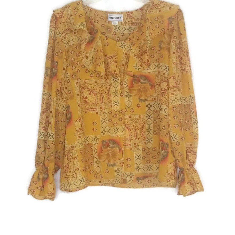 Vintage 80's Notches Ruffle Collar Button Front Floral Blouse